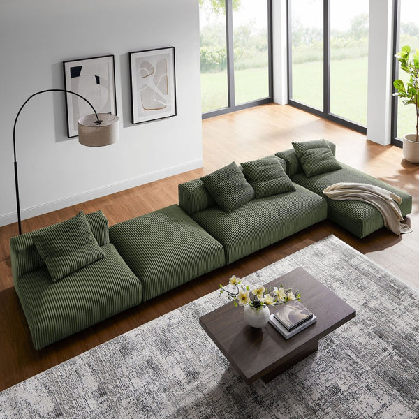 Modway Furniture Solace 4-Piece Modular Corduroy Sectional Sofa with Ottoman for Versatile Living Room Comfort Fern EEI-7032-FRN