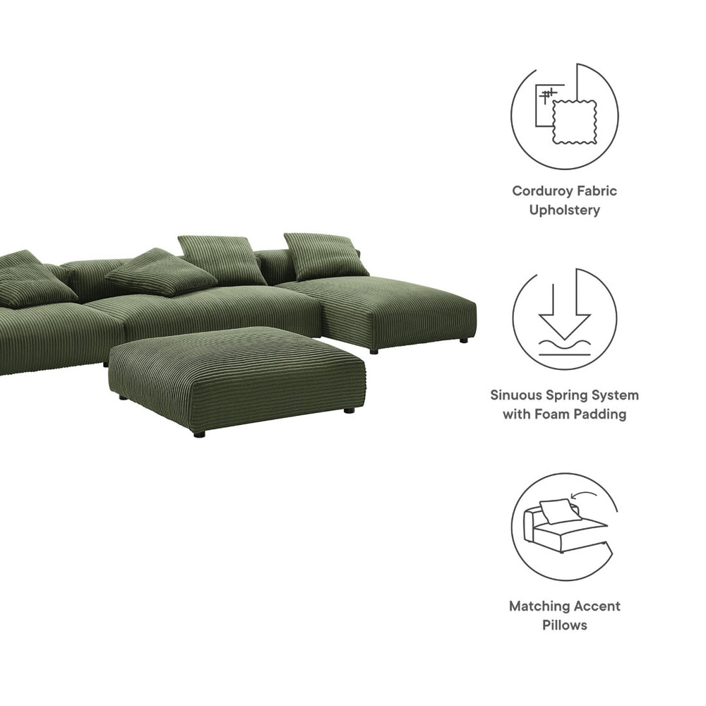 Modway Furniture Solace 4-Piece Modular Corduroy Sectional Sofa with Ottoman for Versatile Living Room Comfort Fern EEI-7032-FRN
