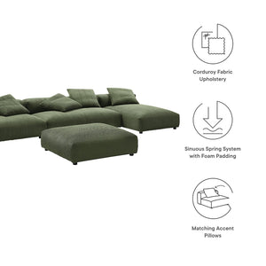 Modway Furniture Solace 4-Piece Modular Corduroy Sectional Sofa with Ottoman for Versatile Living Room Comfort Fern EEI-7032-FRN