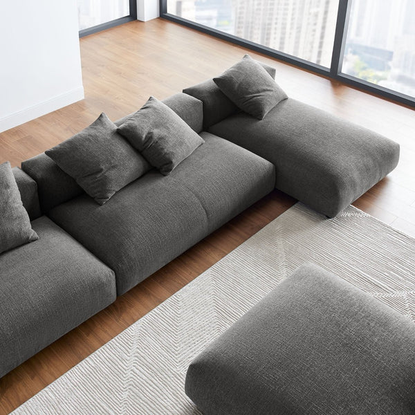 Modway Furniture Solace Modular 4-Piece Upholstered Fabric Sectional Sofa with Ottoman for Modern Living Spaces Charcoal EEI-7033-CHA