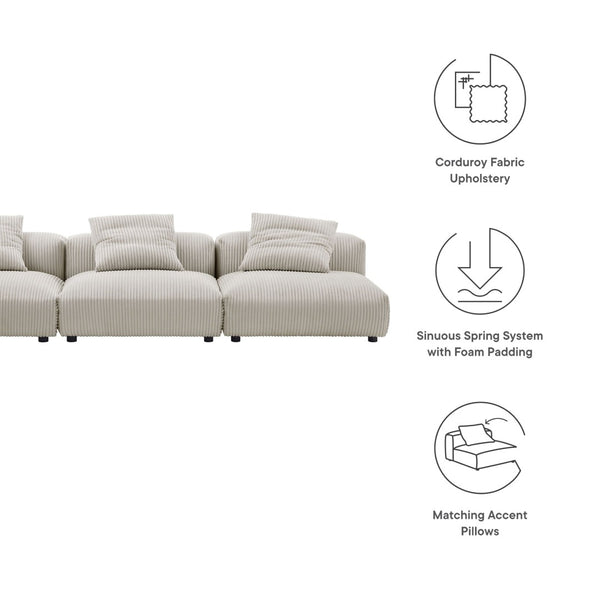 Modway Furniture Solace Modular 3-Piece Corduroy Sofa – Oversized Armless Sectional for Flexible Contemporary Living Almond EEI-7034-ALM
