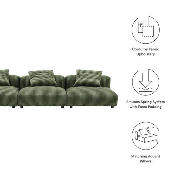 Modway Furniture Solace Modular 3-Piece Corduroy Sofa – Oversized Armless Sectional for Flexible Contemporary Living Fern EEI-7034-FRN