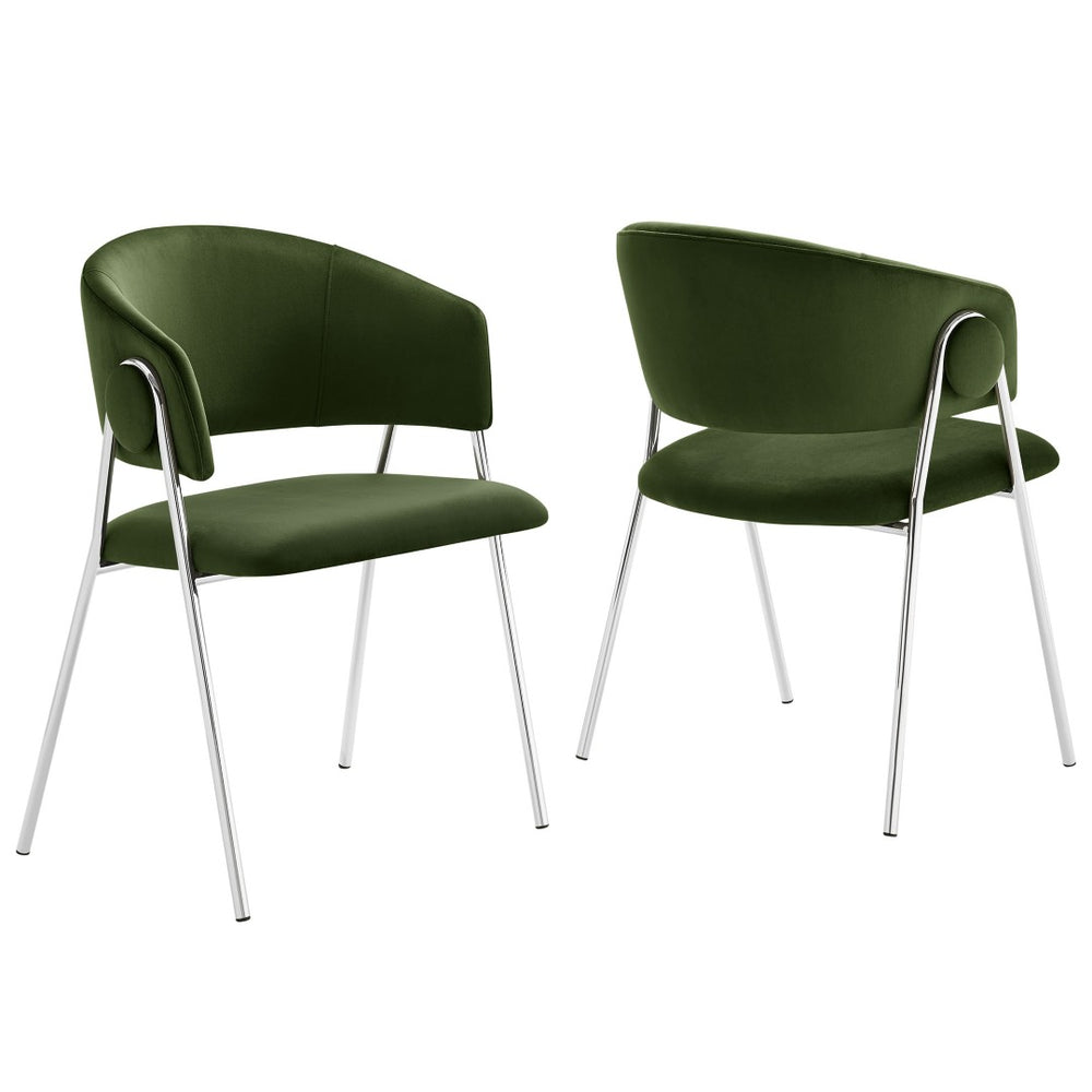 Modway Furniture Nella Upholstered Performance Velvet Dining Chair Set of 2 - Stylish Mid-Century Comfort & Elegance Moss Green Silver EEI-7046-MOG-SLV