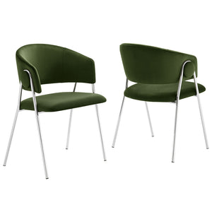 Modway Furniture Nella Upholstered Performance Velvet Dining Chair Set of 2 - Stylish Mid-Century Comfort & Elegance Moss Green Silver EEI-7046-MOG-SLV