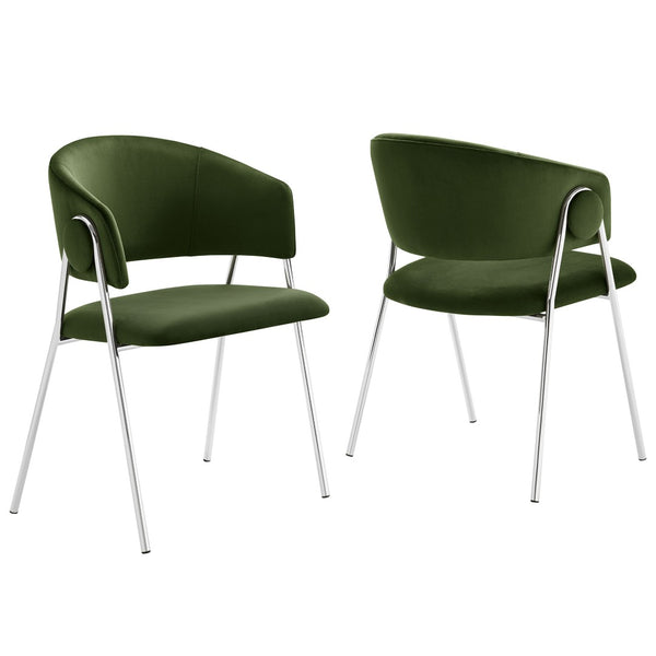 Modway Furniture Nella Upholstered Performance Velvet Dining Chair Set of 2 - Stylish Mid-Century Comfort & Elegance Moss Green Silver EEI-7046-MOG-SLV