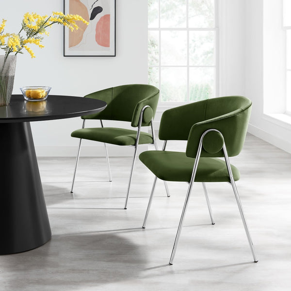 Modway Furniture Nella Upholstered Performance Velvet Dining Chair Set of 2 - Stylish Mid-Century Comfort & Elegance Moss Green Silver EEI-7046-MOG-SLV