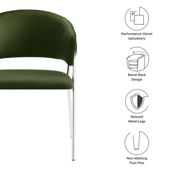 Modway Furniture Nella Upholstered Performance Velvet Dining Chair Set of 2 - Stylish Mid-Century Comfort & Elegance Moss Green Silver EEI-7046-MOG-SLV