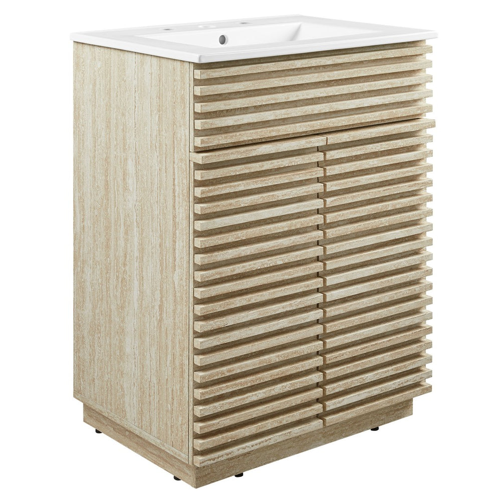 Modway Furniture Render 24" Faux Travertine Bathroom Vanity with Integrated Sink - Mid-Century Style & Storage Solutions EEI-7047-WHI