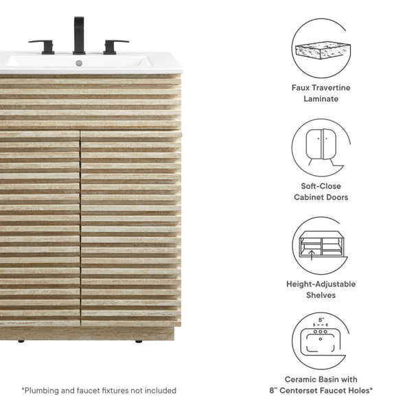 Modway Furniture Render 24" Faux Travertine Bathroom Vanity with Integrated Sink - Mid-Century Style & Storage Solutions EEI-7047-WHI