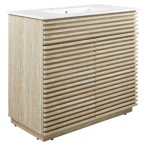 Modway Furniture Render 36" Faux Travertine Bathroom Vanity with Ceramic Sink – Mid-Century Modern Elegance & Storage EEI-7049-WHI