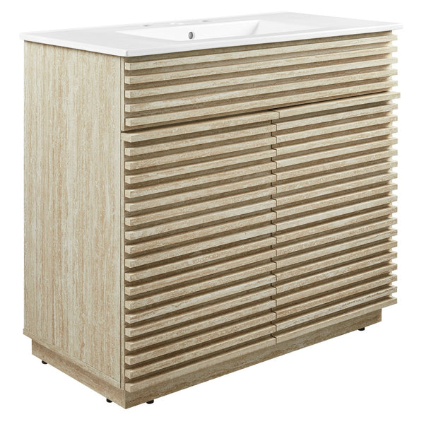 Modway Furniture Render 36" Faux Travertine Bathroom Vanity with Ceramic Sink – Mid-Century Modern Elegance & Storage EEI-7049-WHI