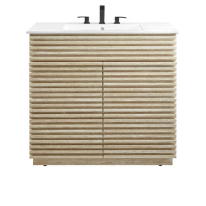 Modway Furniture Render 36" Faux Travertine Bathroom Vanity with Ceramic Sink – Mid-Century Modern Elegance & Storage EEI-7049-WHI