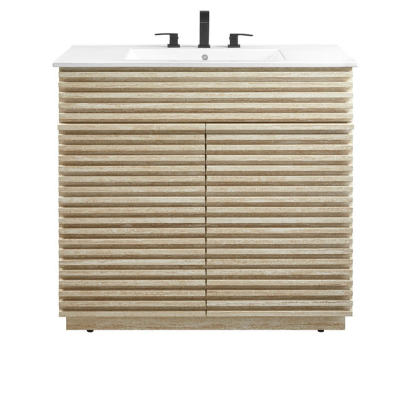 Modway Furniture Render 36" Faux Travertine Bathroom Vanity with Ceramic Sink – Mid-Century Modern Elegance & Storage EEI-7049-WHI
