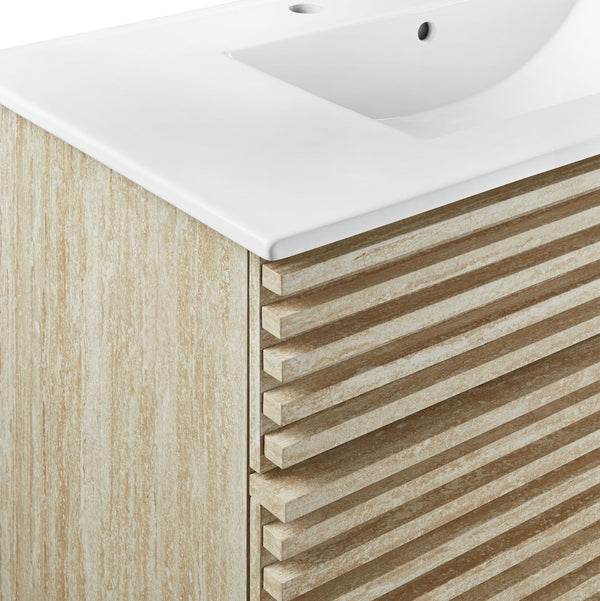 Modway Furniture Render 36" Faux Travertine Bathroom Vanity with Ceramic Sink – Mid-Century Modern Elegance & Storage EEI-7049-WHI