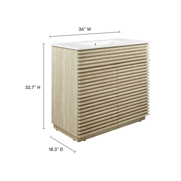 Modway Furniture Render 36" Faux Travertine Bathroom Vanity with Ceramic Sink – Mid-Century Modern Elegance & Storage EEI-7049-WHI