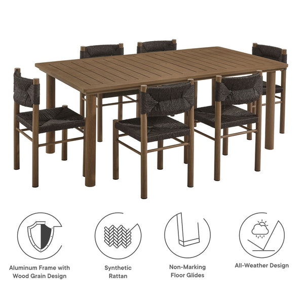 Modway Furniture Parkland 7-Piece Rectangular Outdoor Dining Set with Rattan Chairs - Stylish, Durable & Easy Care Walnut EEI-7064-WAL