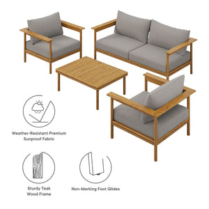 Modway Furniture Wren 4-Piece Teak Outdoor Furniture Set with Removable Cushions for Stylish Patio Comfort Natural Driftwood EEI-7065-NAT-DRI
