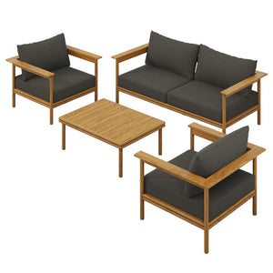 Modway Furniture Wren 4-Piece Teak Outdoor Furniture Set with Removable Cushions for Stylish Patio Comfort Natural Flint Gray EEI-7065-NAT-FLI
