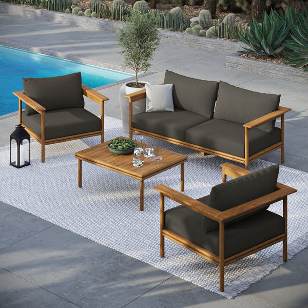 Modway Furniture Wren 4-Piece Teak Outdoor Furniture Set with Removable Cushions for Stylish Patio Comfort Natural Flint Gray EEI-7065-NAT-FLI