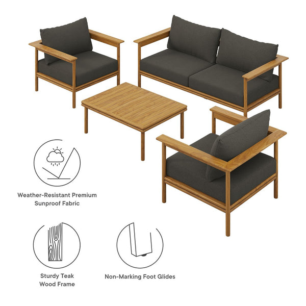 Modway Furniture Wren 4-Piece Teak Outdoor Furniture Set with Removable Cushions for Stylish Patio Comfort Natural Flint Gray EEI-7065-NAT-FLI