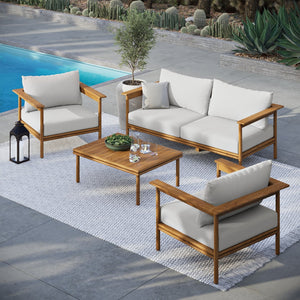 Modway Furniture Wren 4-Piece Teak Outdoor Furniture Set with Removable Cushions for Stylish Patio Comfort Natural Sail EEI-7065-NAT-SAI