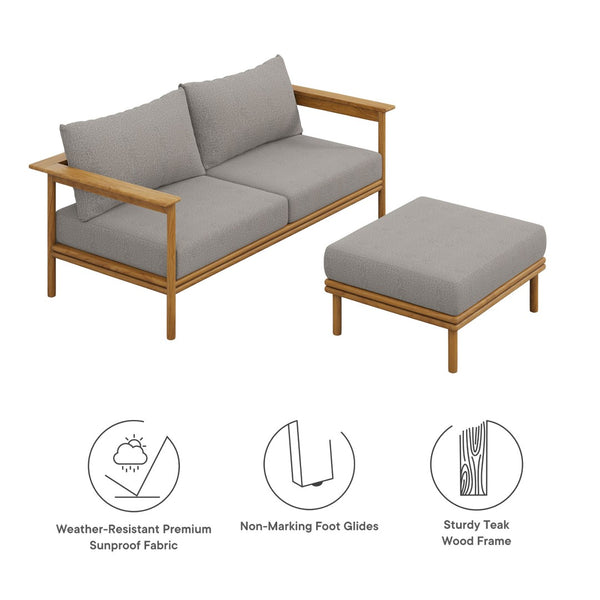 Modway Furniture Wren 2-Piece Teak Outdoor Sofa and Ottoman Set for Relaxed Patio Living - Durable Comfort & Style Natural Driftwood EEI-7066-NAT-DRI
