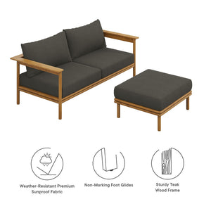 Modway Furniture Wren 2-Piece Teak Outdoor Sofa and Ottoman Set for Relaxed Patio Living - Durable Comfort & Style Natural Flint Gray EEI-7066-NAT-FLI