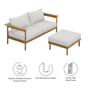 Modway Furniture Wren 2-Piece Teak Outdoor Sofa and Ottoman Set for Relaxed Patio Living - Durable Comfort & Style Natural Sail EEI-7066-NAT-SAI