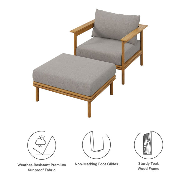 Modway Furniture Wren Outdoor Teak Wood Armchair and Ottoman Set - Plush Seating for Relaxation & Stylish Comfort Natural Driftwood EEI-7067-NAT-DRI