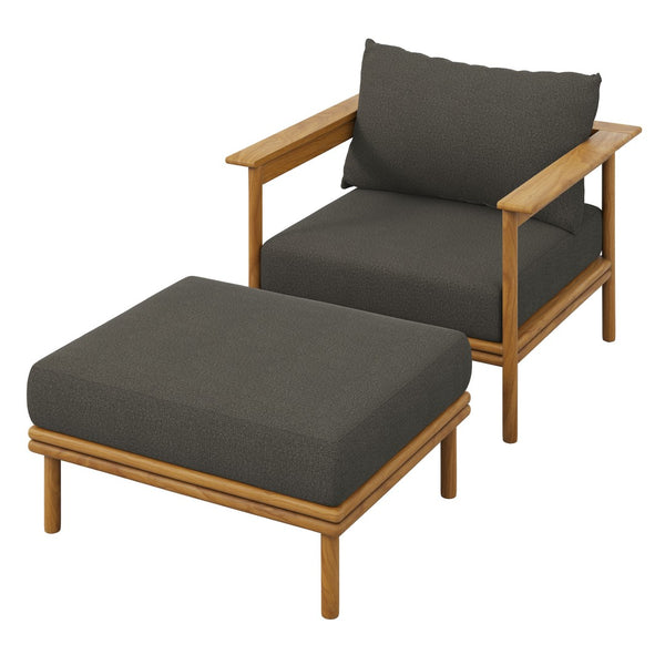 Modway Furniture Wren Outdoor Teak Wood Armchair and Ottoman Set - Plush Seating for Relaxation & Stylish Comfort Natural Flint Gray EEI-7067-NAT-FLI