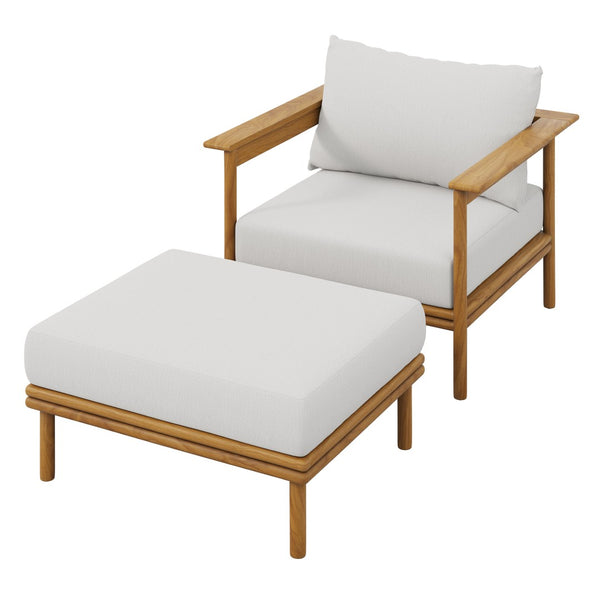 Modway Furniture Wren Outdoor Teak Wood Armchair and Ottoman Set - Plush Seating for Relaxation & Stylish Comfort Natural Sail EEI-7067-NAT-SAI