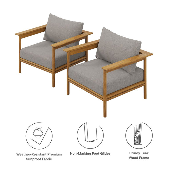 Modway Furniture Wren Outdoor Patio Teak Armchair Set of 2 - Durable Comfort with Removable Cushions for Relaxation Natural Driftwood EEI-7068-NAT-DRI