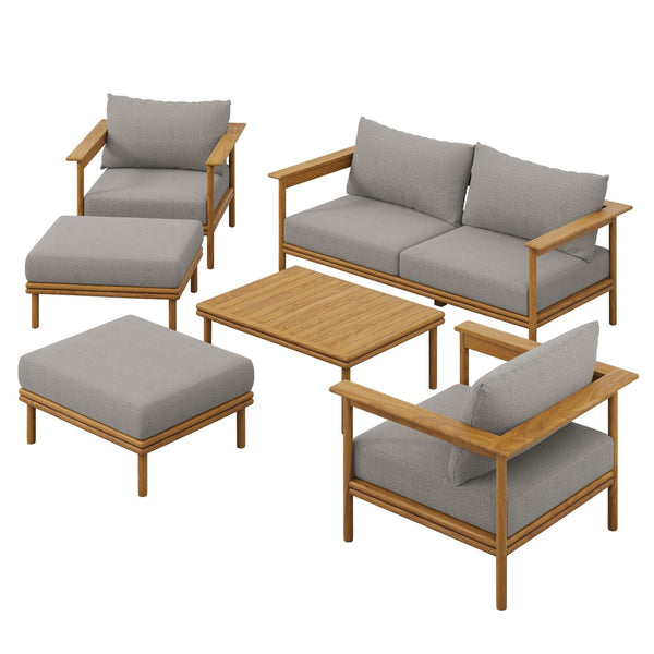 Modway Furniture Wren 6-Piece Teak Outdoor Patio Furniture Set with Plush Cushions for Stylish Gatherings & Comfort Natural Driftwood EEI-7069-NAT-DRI