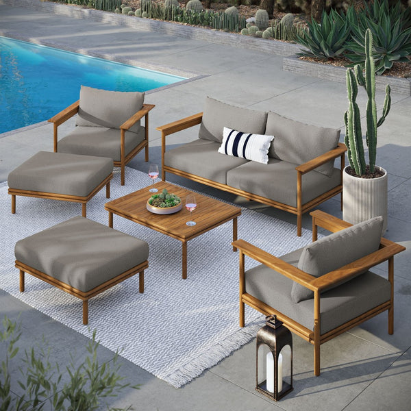 Modway Furniture Wren 6-Piece Teak Outdoor Patio Furniture Set with Plush Cushions for Stylish Gatherings & Comfort Natural Driftwood EEI-7069-NAT-DRI