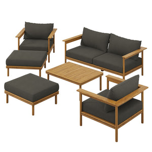 Modway Furniture Wren 6-Piece Teak Outdoor Patio Furniture Set with Plush Cushions for Stylish Gatherings & Comfort Natural Flint Gray EEI-7069-NAT-FLI