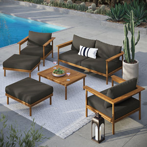 Modway Furniture Wren 6-Piece Teak Outdoor Patio Furniture Set with Plush Cushions for Stylish Gatherings & Comfort Natural Flint Gray EEI-7069-NAT-FLI