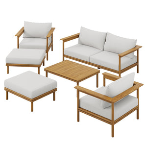 Modway Furniture Wren 6-Piece Teak Outdoor Patio Furniture Set with Plush Cushions for Stylish Gatherings & Comfort Natural Sail EEI-7069-NAT-SAI