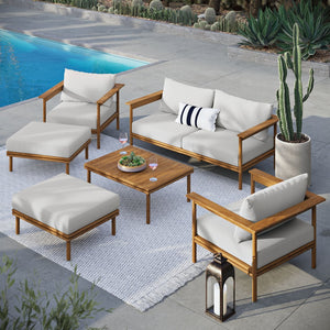 Modway Furniture Wren 6-Piece Teak Outdoor Patio Furniture Set with Plush Cushions for Stylish Gatherings & Comfort Natural Sail EEI-7069-NAT-SAI