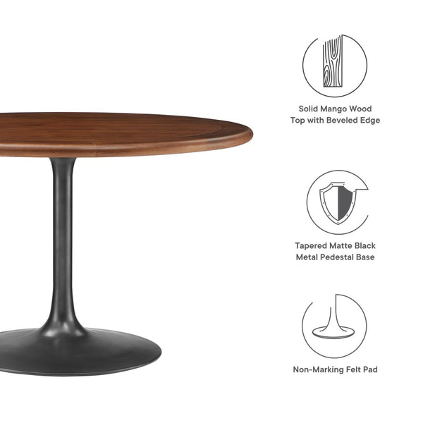 Modway Furniture Lippa 48" Round Pedestal Solid Mango Wood Dining Table with Modern Metal Base for Contemporary Spaces Black Walnut EEI-7070-BLK-WAL