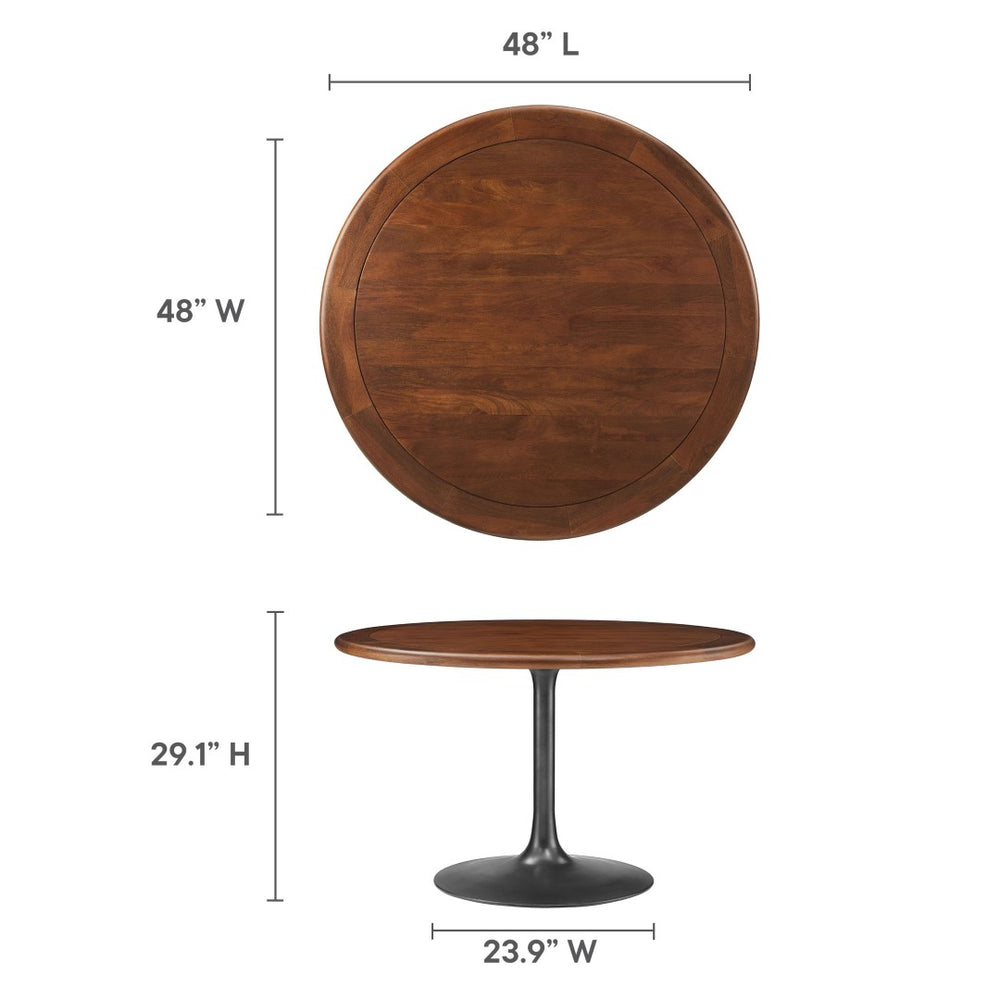 Modway Furniture Lippa 48" Round Pedestal Solid Mango Wood Dining Table with Modern Metal Base for Contemporary Spaces Black Walnut EEI-7070-BLK-WAL