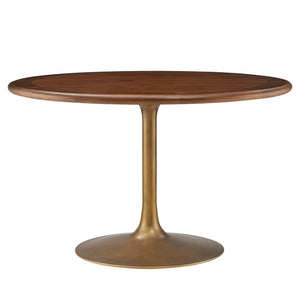 Modway Furniture Lippa 48" Round Pedestal Solid Mango Wood Dining Table with Modern Metal Base for Contemporary Spaces Brass Walnut EEI-7070-BRA-WAL