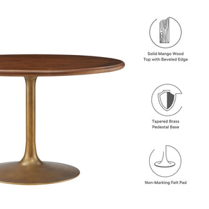 Modway Furniture Lippa 48" Round Pedestal Solid Mango Wood Dining Table with Modern Metal Base for Contemporary Spaces Brass Walnut EEI-7070-BRA-WAL