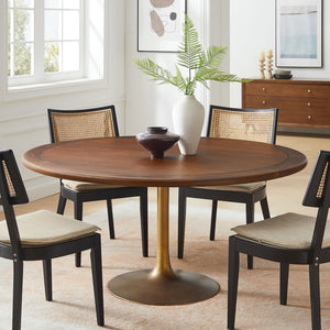 Modway Furniture Lippa 60" Round Solid Wood Dining Table - Modern Design with Sturdy Pedestal Base for Any Home Brass Walnut EEI-7071-BRA-WAL