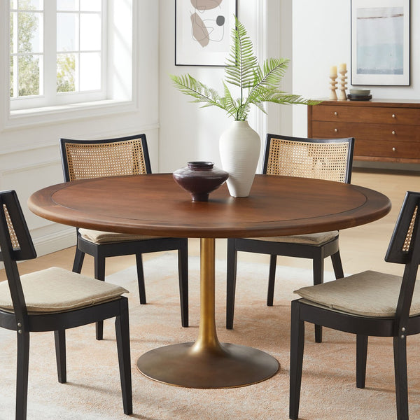 Modway Furniture Lippa 60" Round Solid Wood Dining Table - Modern Design with Sturdy Pedestal Base for Any Home Brass Walnut EEI-7071-BRA-WAL