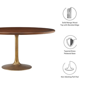 Modway Furniture Lippa 60" Round Solid Wood Dining Table - Modern Design with Sturdy Pedestal Base for Any Home Brass Walnut EEI-7071-BRA-WAL