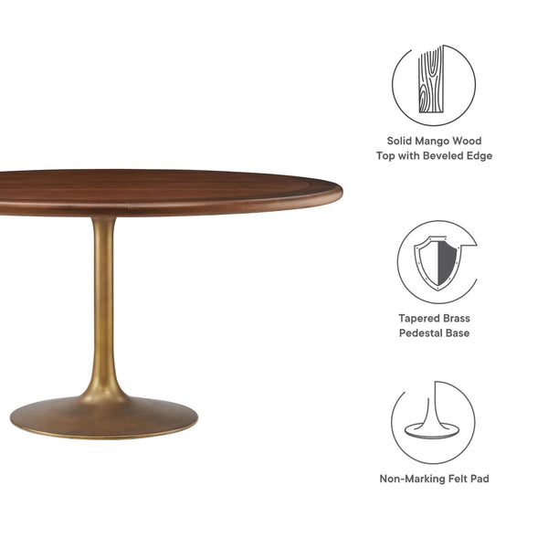 Modway Furniture Lippa 60" Round Solid Wood Dining Table - Modern Design with Sturdy Pedestal Base for Any Home Brass Walnut EEI-7071-BRA-WAL