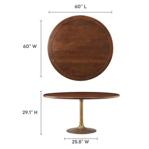 Modway Furniture Lippa 60" Round Solid Wood Dining Table - Modern Design with Sturdy Pedestal Base for Any Home Brass Walnut EEI-7071-BRA-WAL