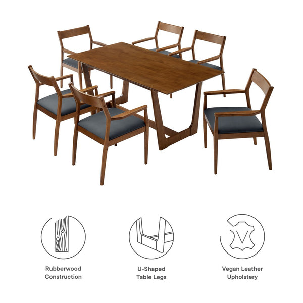 Modway Furniture Solara 7-Piece Modern Wood Dining Set with Vegan Leather Chairs - Stylish Comfort for Family Meals EEI-7075-WAL-BLK