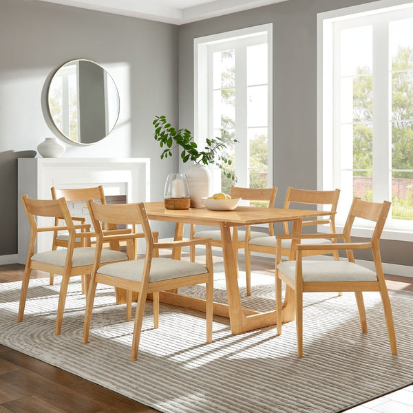 Modway Furniture Solara 7-Piece Wood Dining Set with Upholstered Armchairs for Modern Comfort and Style Natural Heathered Weave Beige EEI-7076-NAT-HEB
