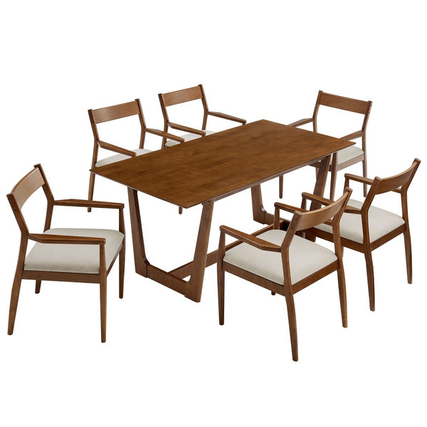 Modway Furniture Solara 7-Piece Wood Dining Set with Upholstered Armchairs for Modern Comfort and Style Walnut Heathered Weave Beige EEI-7076-WAL-HEB